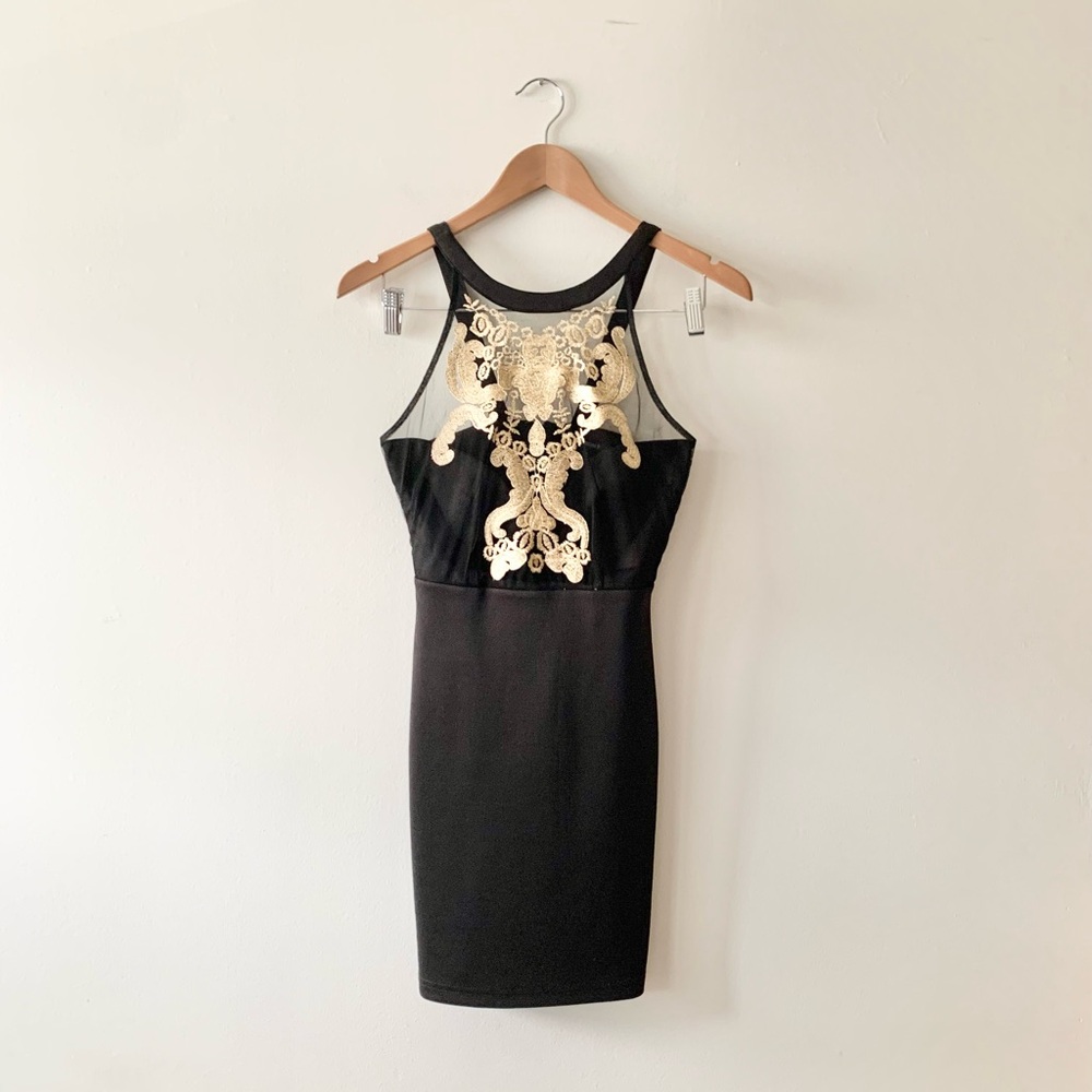NEW Forever 21 Black Halter Mini Dress with Gold Appliqué